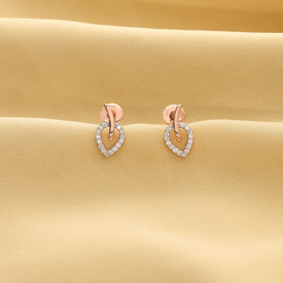 Leaf Vein Diamond & Gold Stud Earrings for Women