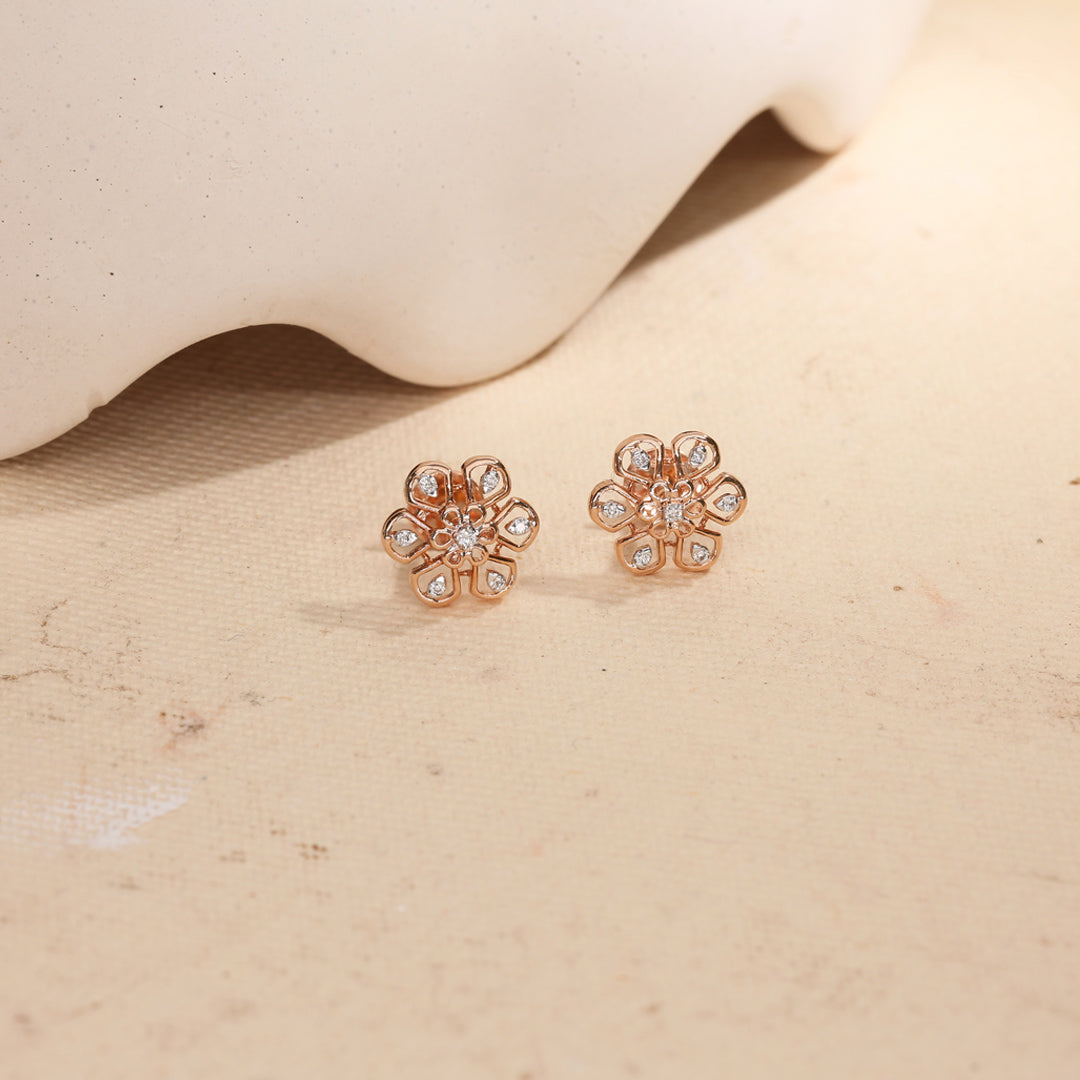 Floral Spark Diamond & Gold Stud Earrings for Women