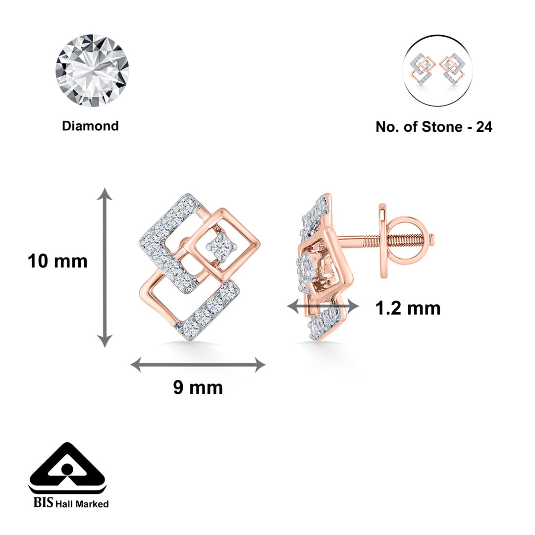 Square Spark Diamond & Gold Stud Earrings for Women