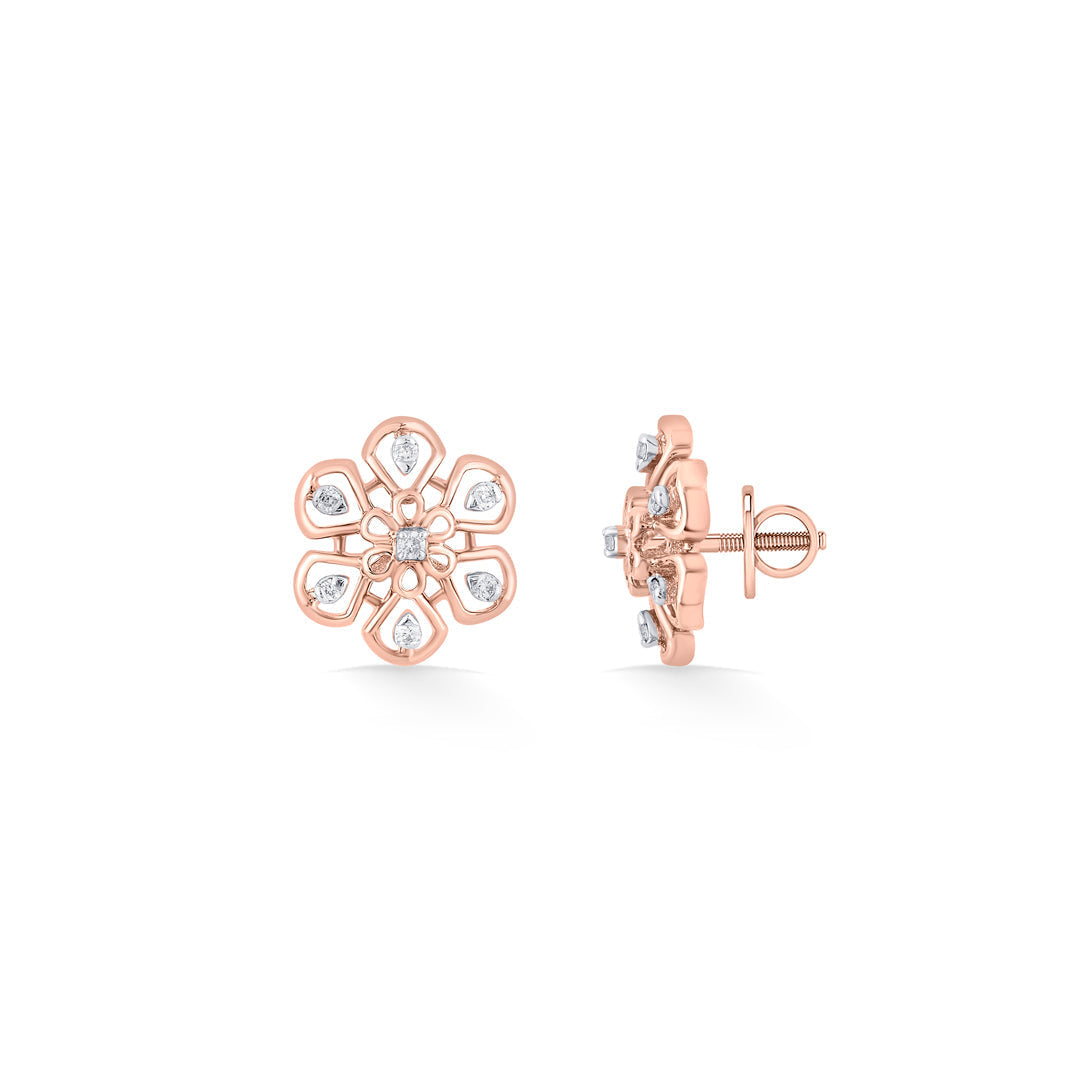 Floral Spark Diamond & Gold Stud Earrings for Women