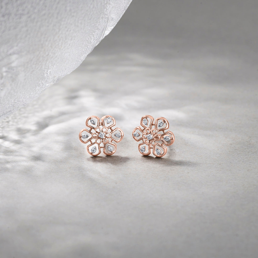 Floral Spark Diamond & Gold Stud Earrings for Women