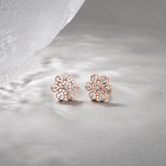 Floral Spark Diamond & Gold Stud Earrings for Women