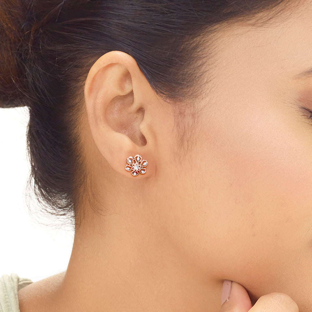 Floral Spark Diamond & Gold Stud Earrings for Women