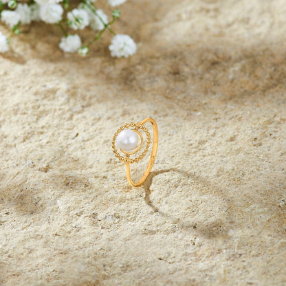 Lunar Aura Gold Pearl Ring for Women