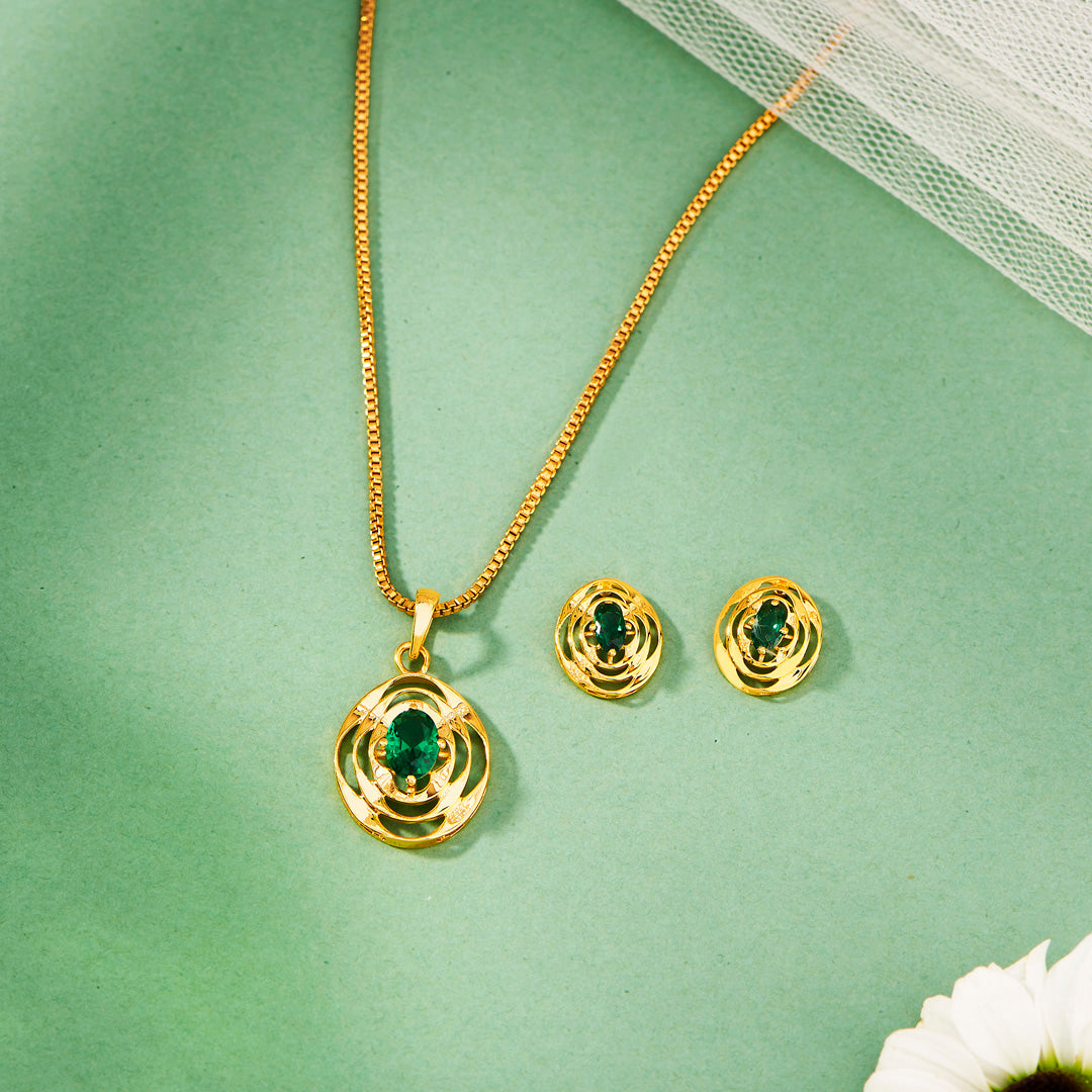Emerald Halo Gold Pendant Set for Women