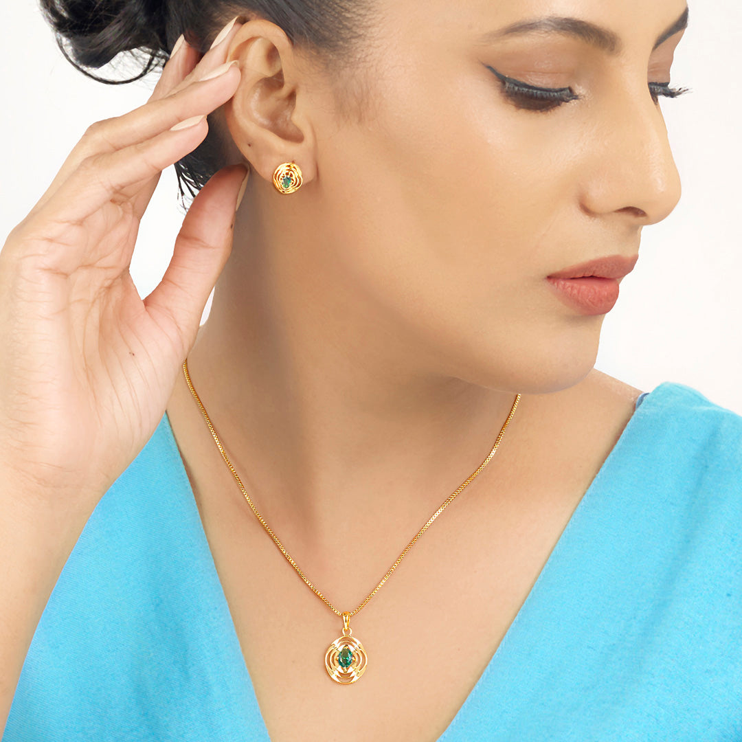 Emerald Halo Gold Pendant Set for Women