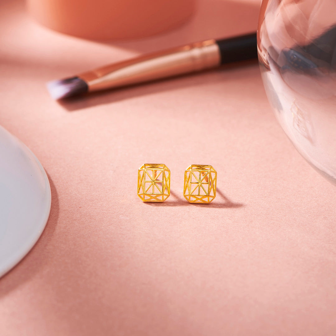 Emerald Outline Gold Stud Earrings for Women
