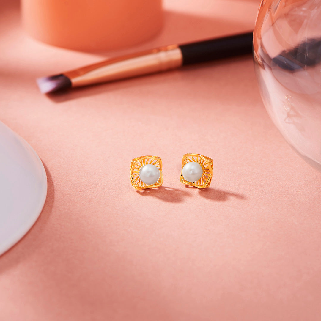 Regal Pearl Prism Gold Stud Earrings for Women