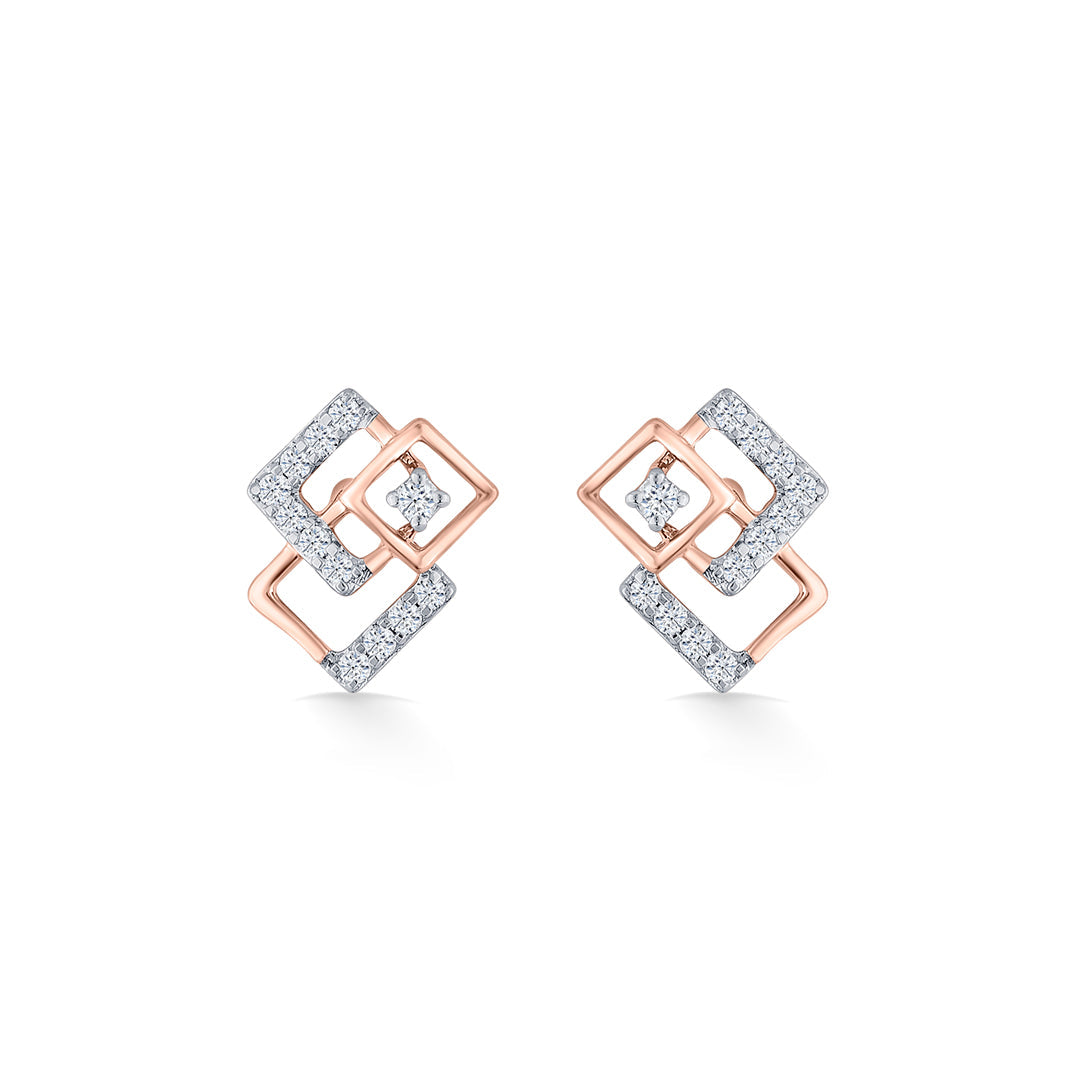 Square Spark Diamond & Gold Stud Earrings for Women