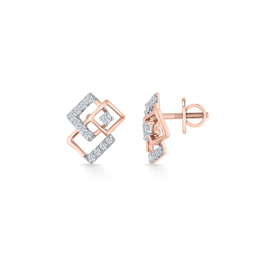 Square Spark Diamond & Gold Stud Earrings for Women