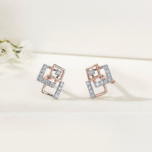 Square Spark Diamond & Gold Stud Earrings for Women