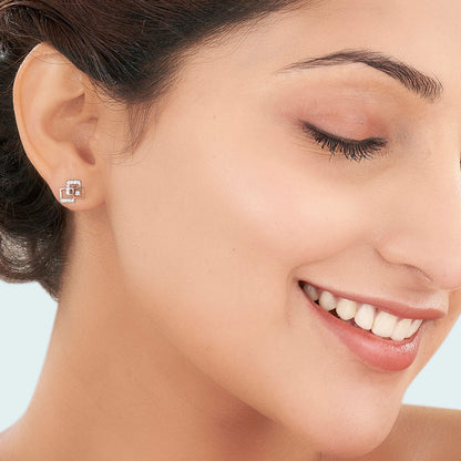 Square Spark Diamond & Gold Stud Earrings for Women