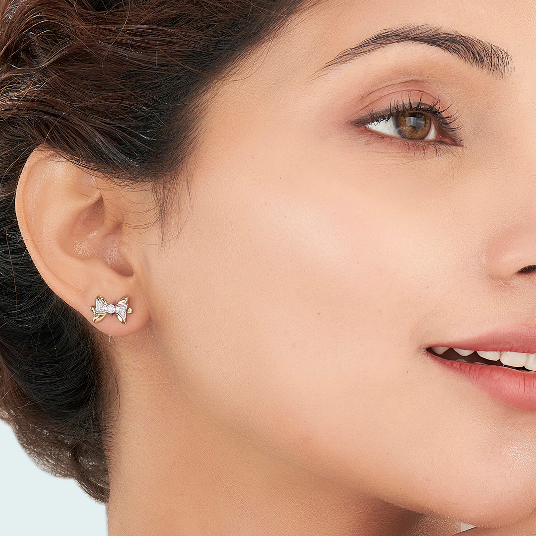Petite Bow Diamond & Gold Stud Earrings for Women