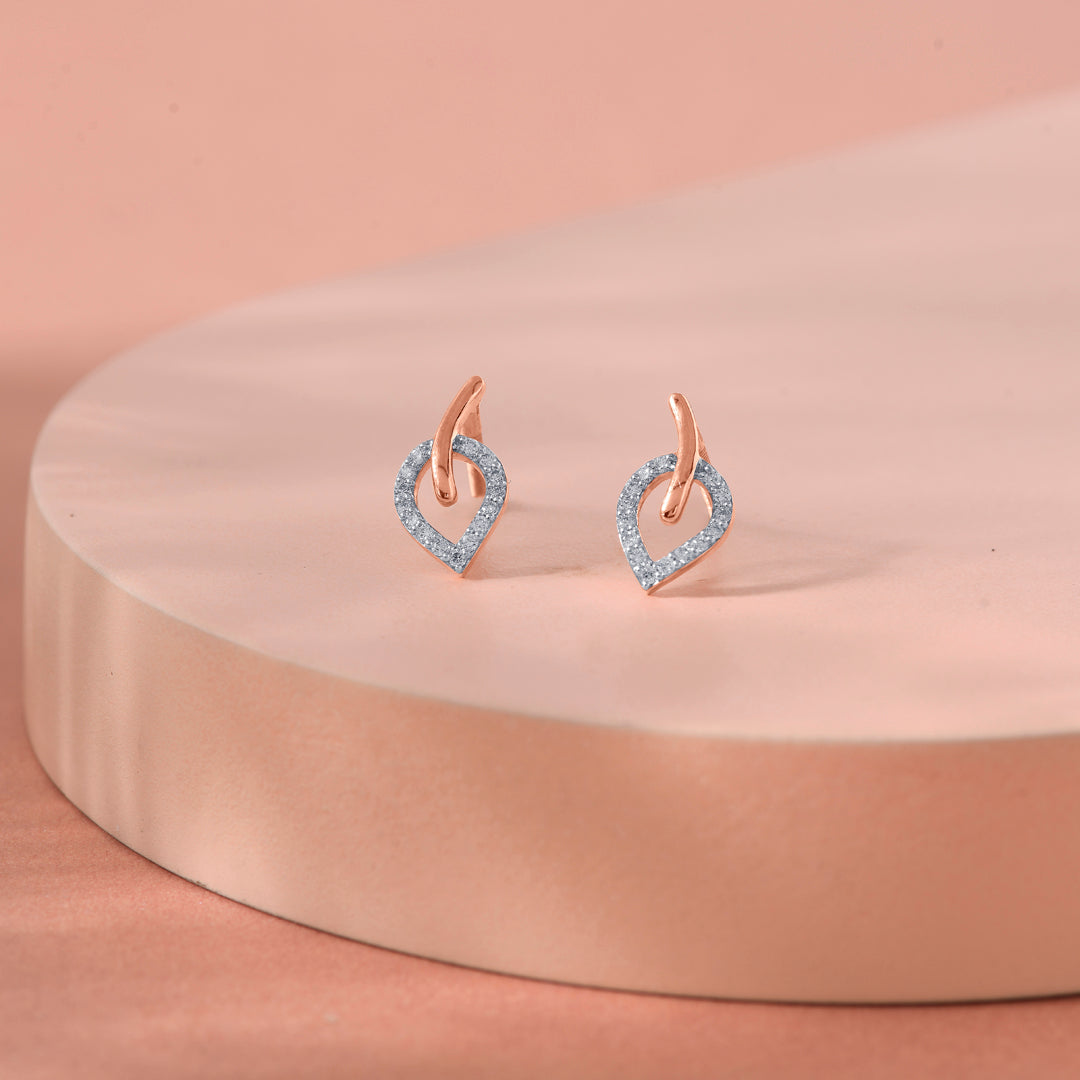 Leaf Vein Diamond & Gold Stud Earrings for Women