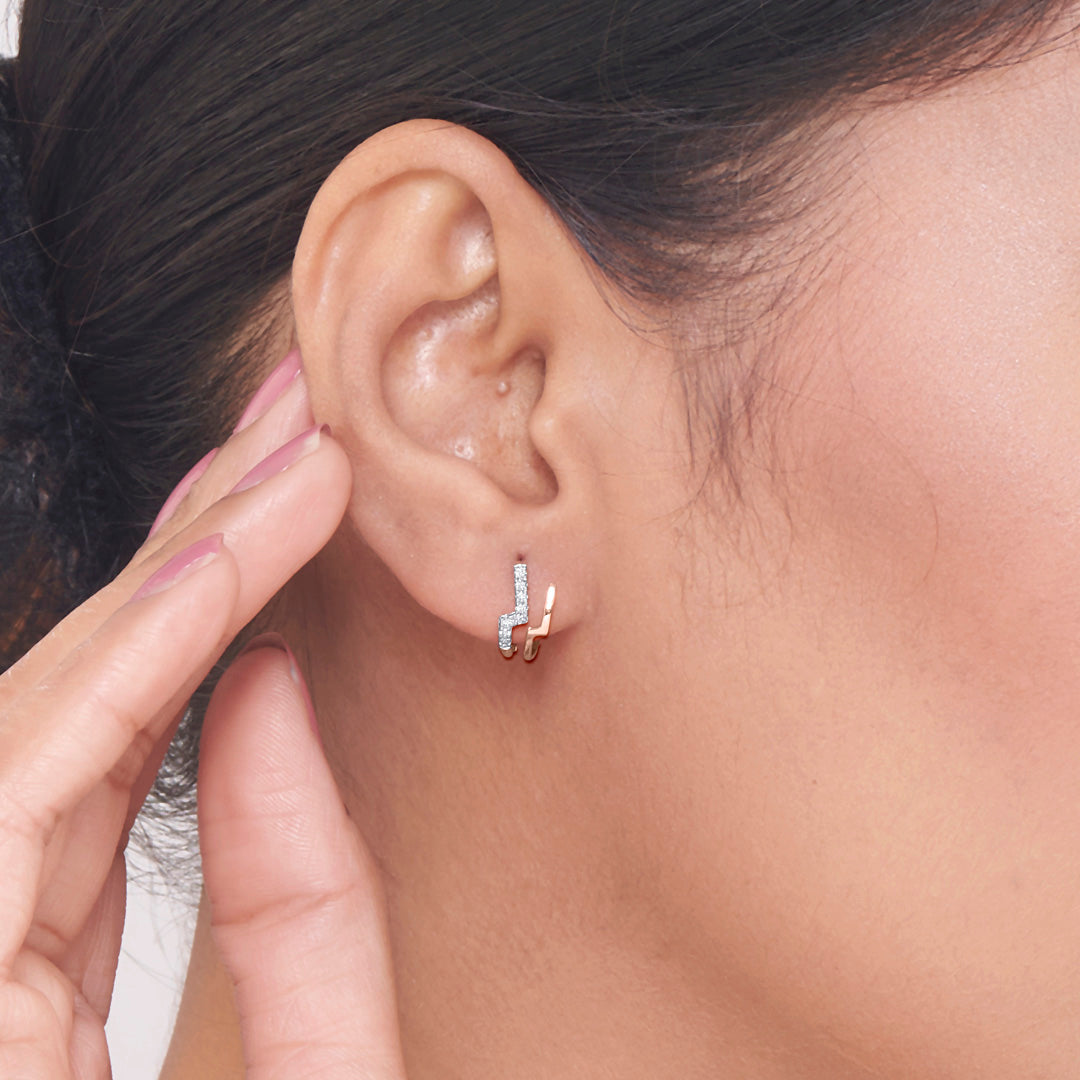 Twin Line Diamond & Gold Stud Earrings for Women