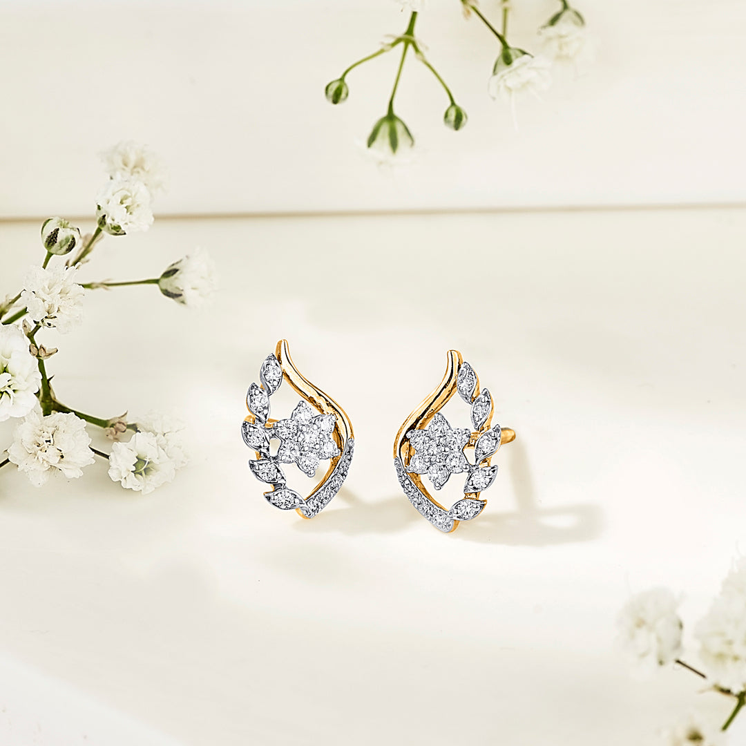 Ornate Bloom Diamond & Gold Stud Earrings for Women