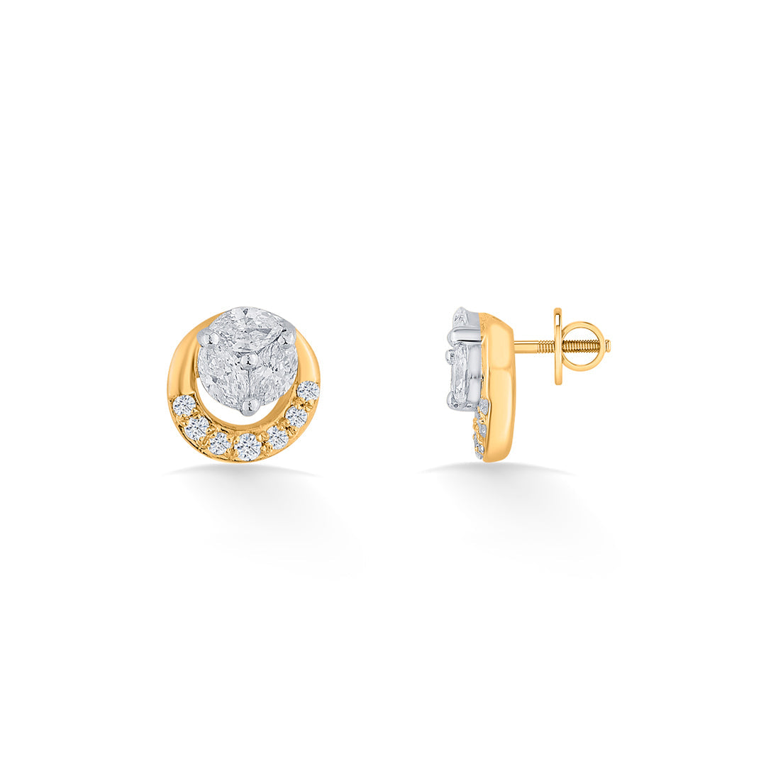 Golden Swirl Diamond & Gold Stud Earrings for Women