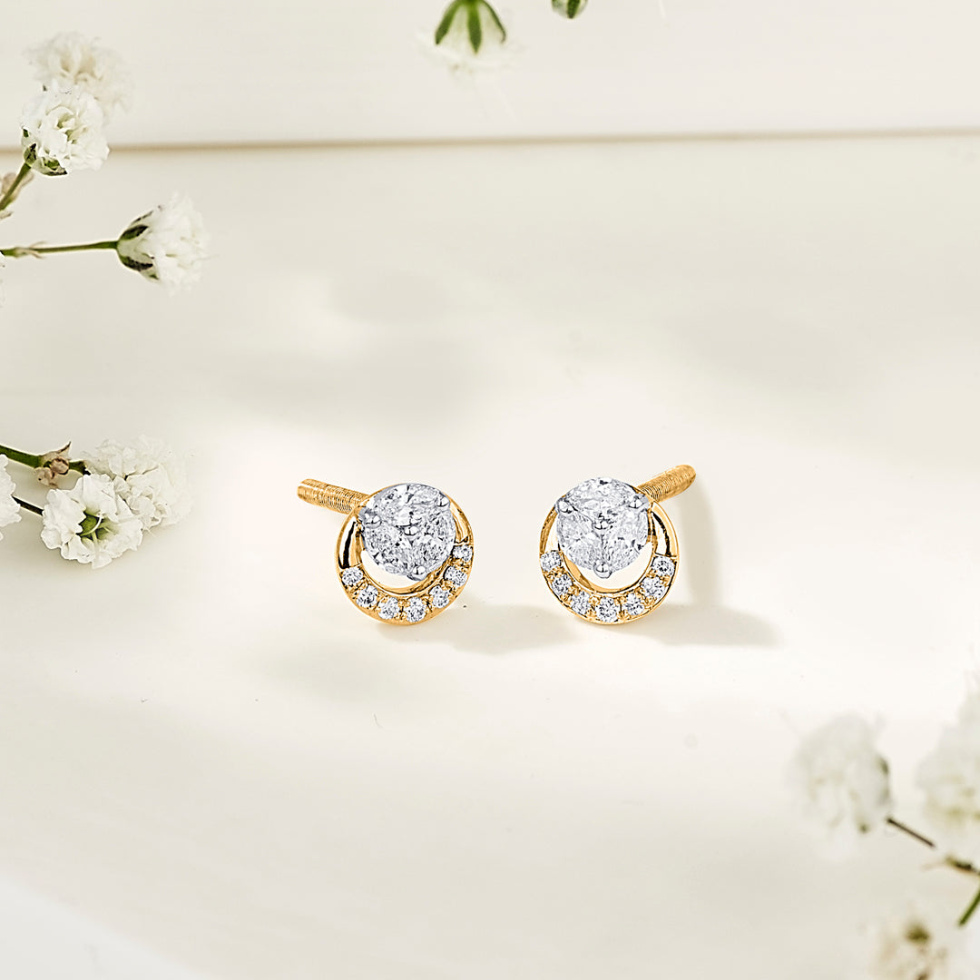 Golden Swirl Diamond & Gold Stud Earrings for Women