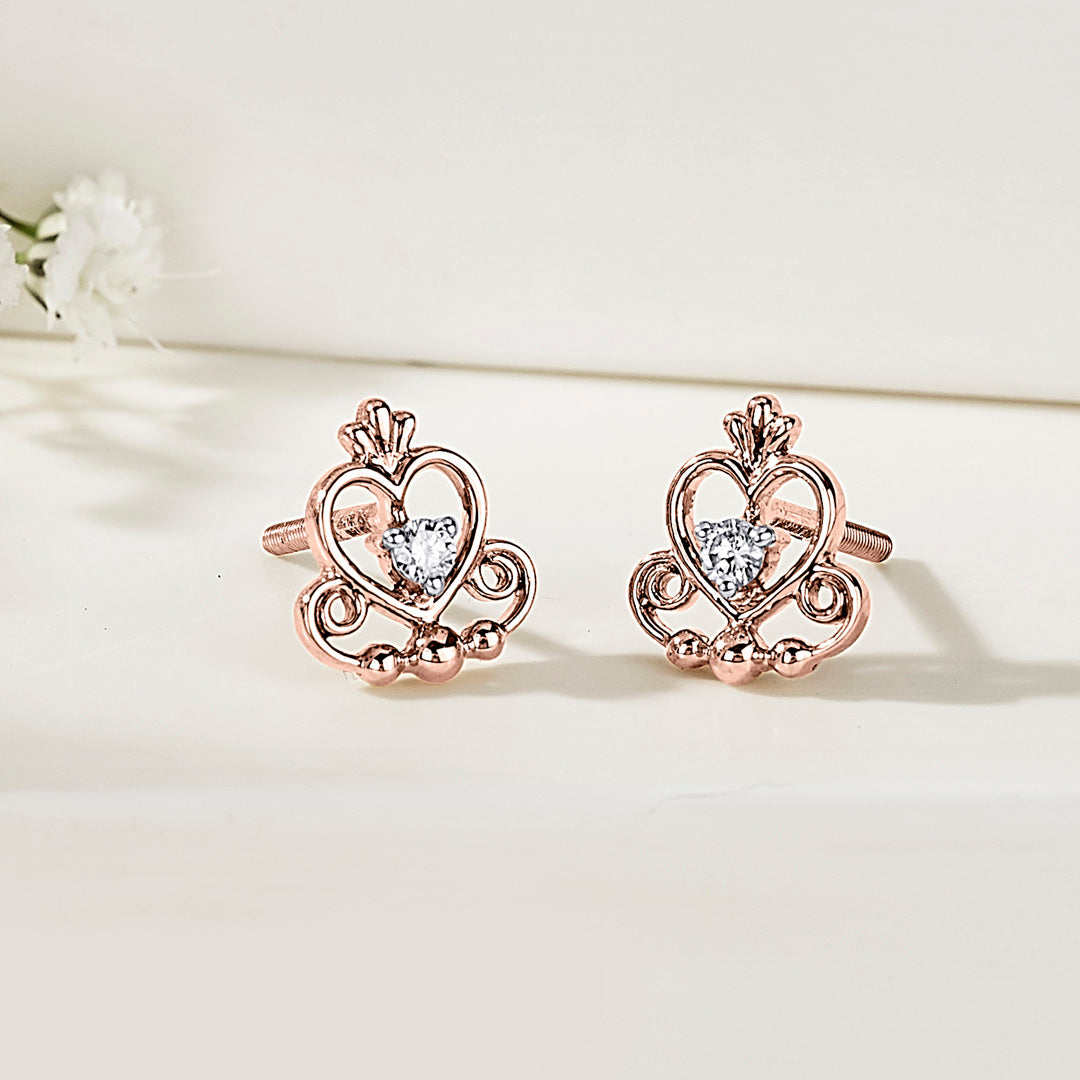 Regal Heart Diamond & Gold Stud Earrings for Women