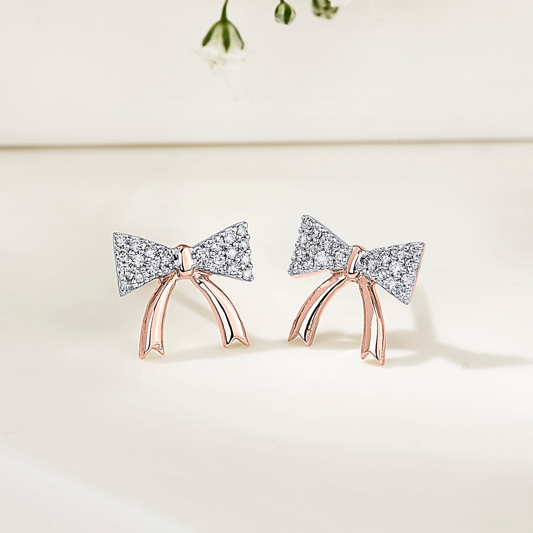 Belle Ribbon Diamond & Gold Stud Earrings for Women