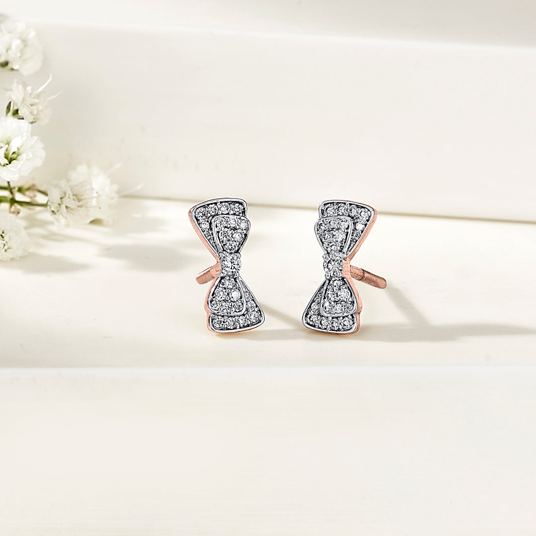 Crystal Bow Diamond & Gold Stud Earrings for Women