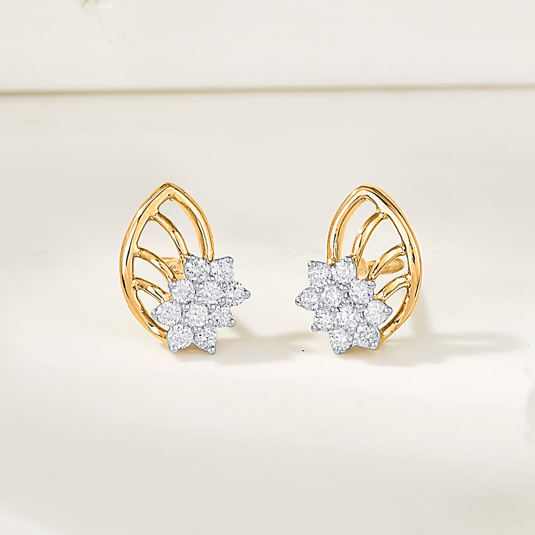 Crystal Leaf Diamond & Gold Stud Earrings for Women