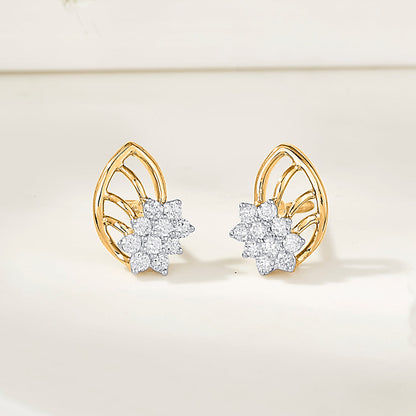 Crystal Leaf Diamond & Gold Stud Earrings for Women