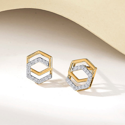 Geo Shine Diamond & Gold Stud Earrings for Women
