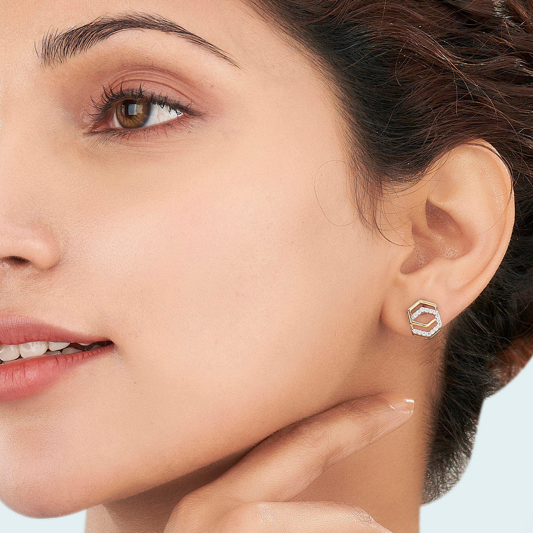 Geo Shine Diamond & Gold Stud Earrings for Women