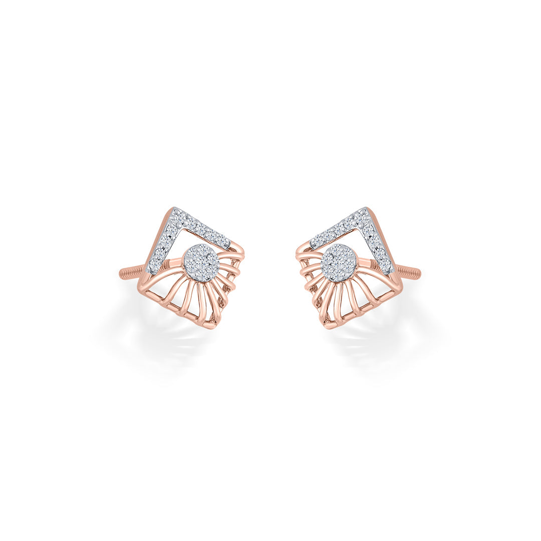 Faceted Cube Diamond & Gold Stud Earrings for Women