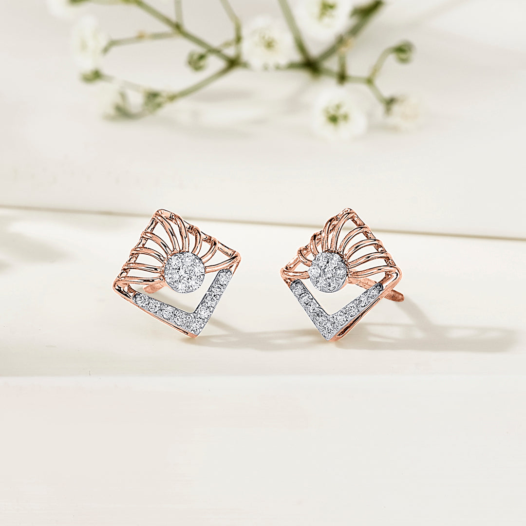 Faceted Cube Diamond & Gold Stud Earrings for Women