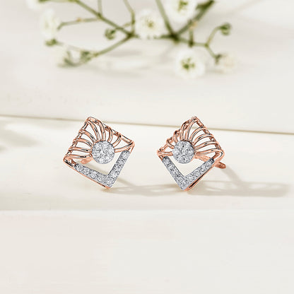 Faceted Cube Diamond & Gold Stud Earrings for Women