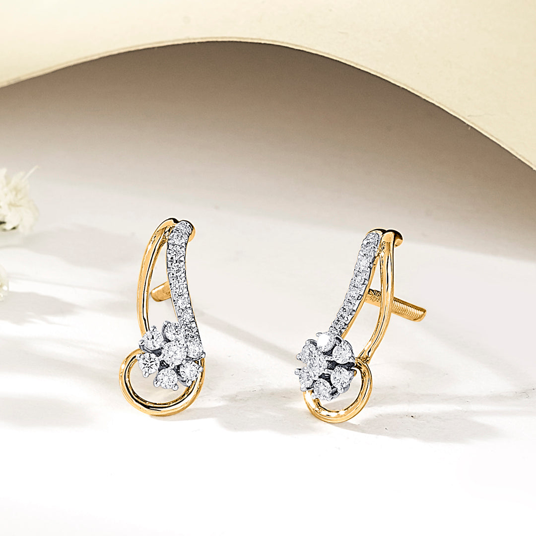 Curved Bloom Diamond & Gold Stud Earrings for Women