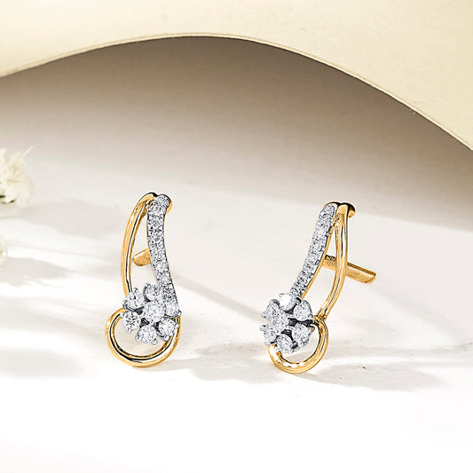 Curved Bloom Diamond & Gold Stud Earrings for Women