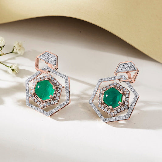 Regal Hexagon Diamond & Gold Stud Earrings for Women