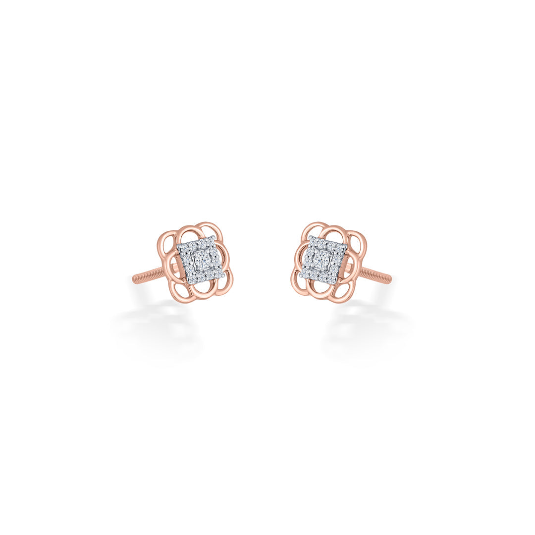 Square Signature Diamond & Gold Stud Earrings for Women