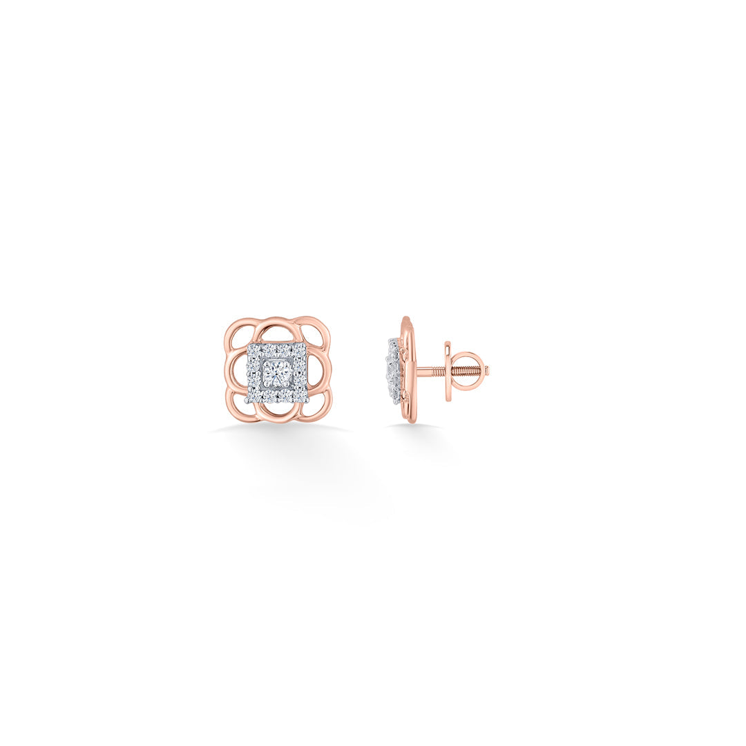 Square Signature Diamond & Gold Stud Earrings for Women