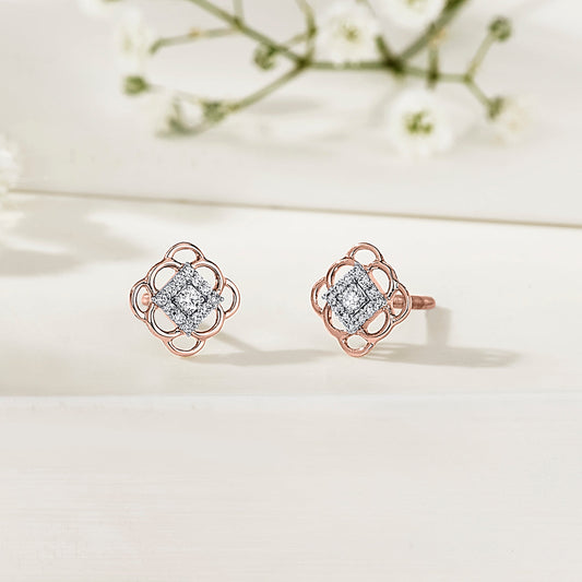 Square Signature Diamond & Gold Stud Earrings for Women