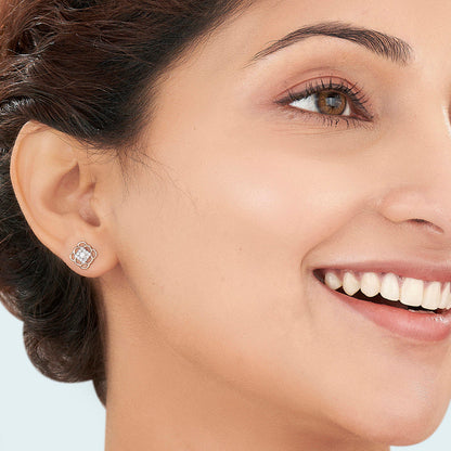 Square Signature Diamond & Gold Stud Earrings for Women