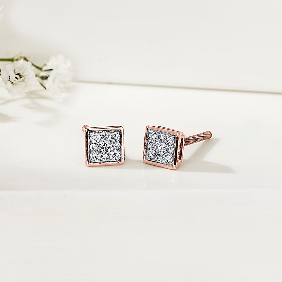 Crystal Facet Diamond & Gold Stud Earrings for Women