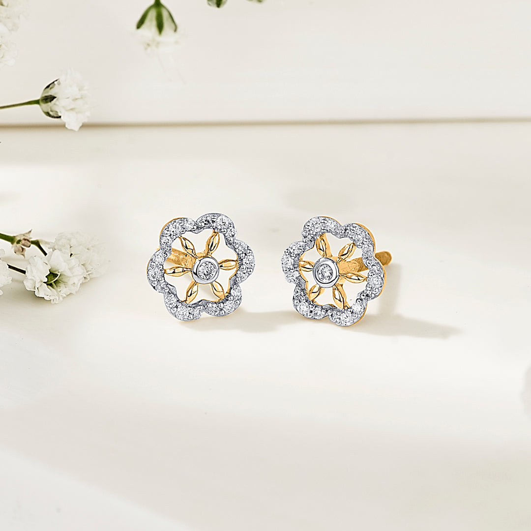 Petal Spark Diamond & Gold Stud Earrings for Women