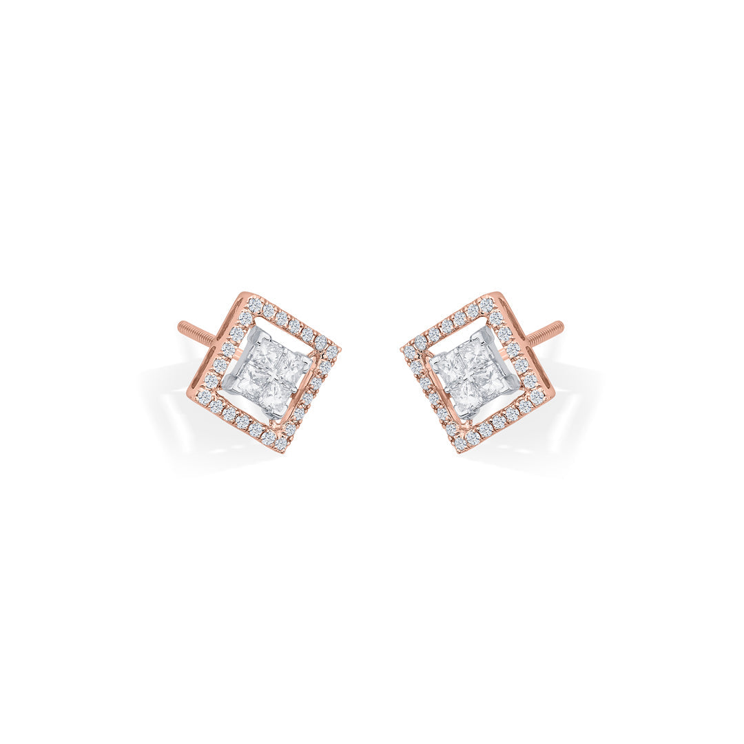 Crystal Border Diamond & Gold Stud Earrings for Women