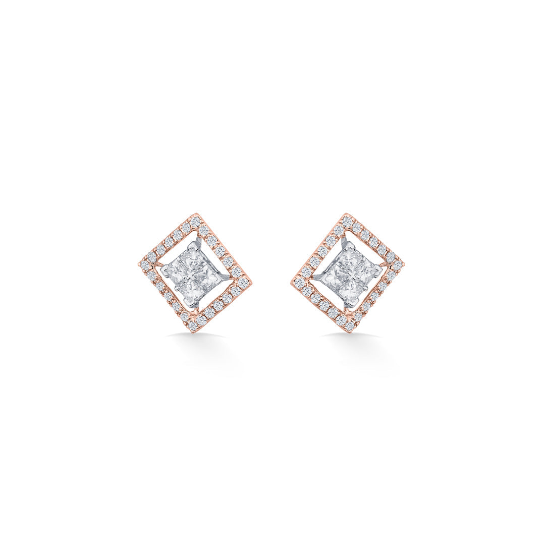 Crystal Border Diamond & Gold Stud Earrings for Women