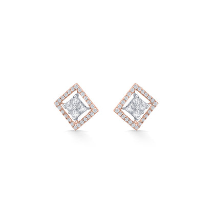 Crystal Border Diamond & Gold Stud Earrings for Women