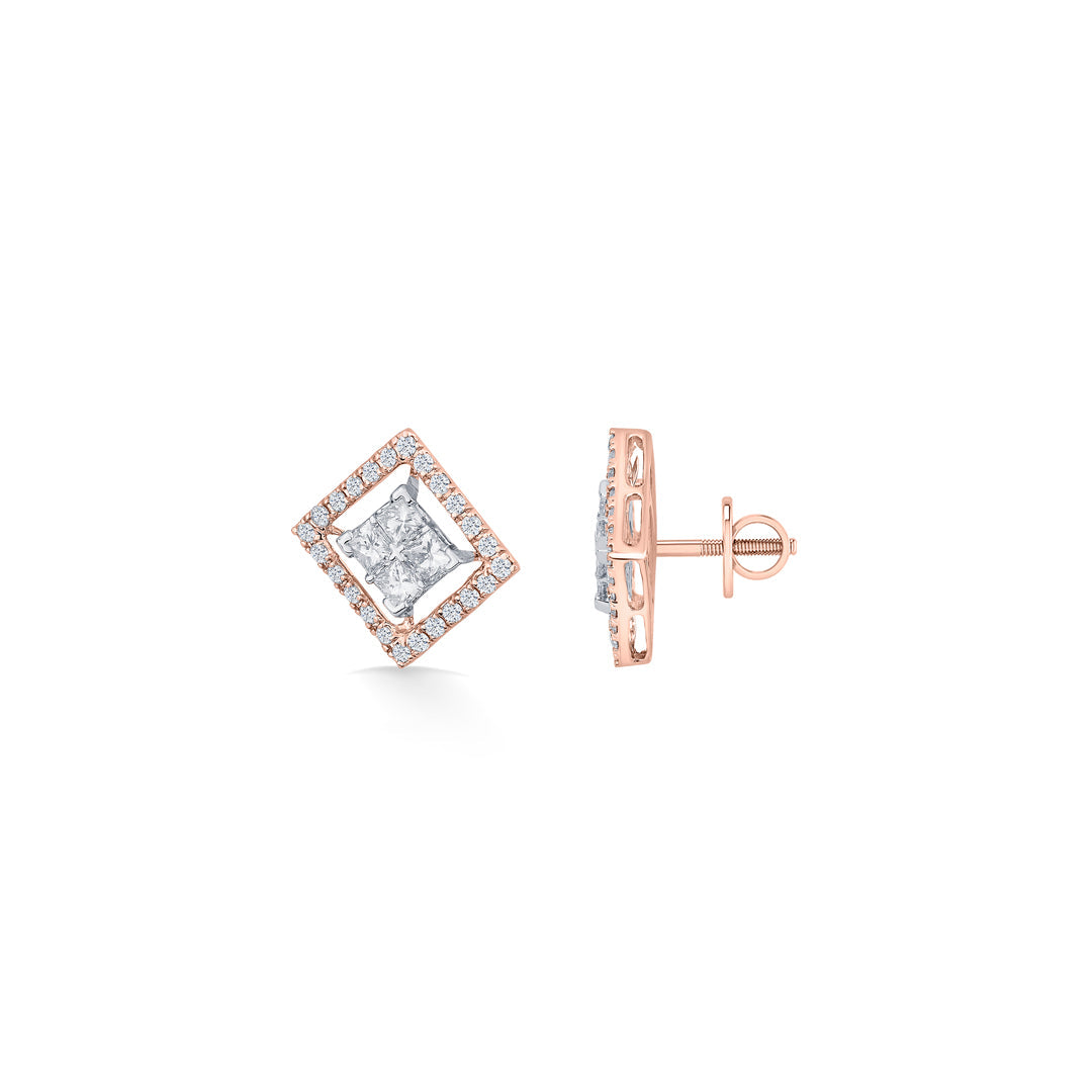 Crystal Border Diamond & Gold Stud Earrings for Women