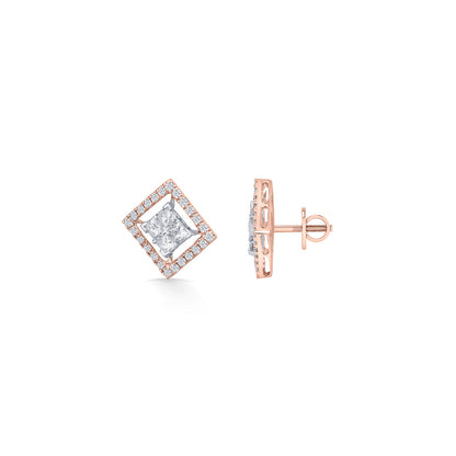 Crystal Border Diamond & Gold Stud Earrings for Women