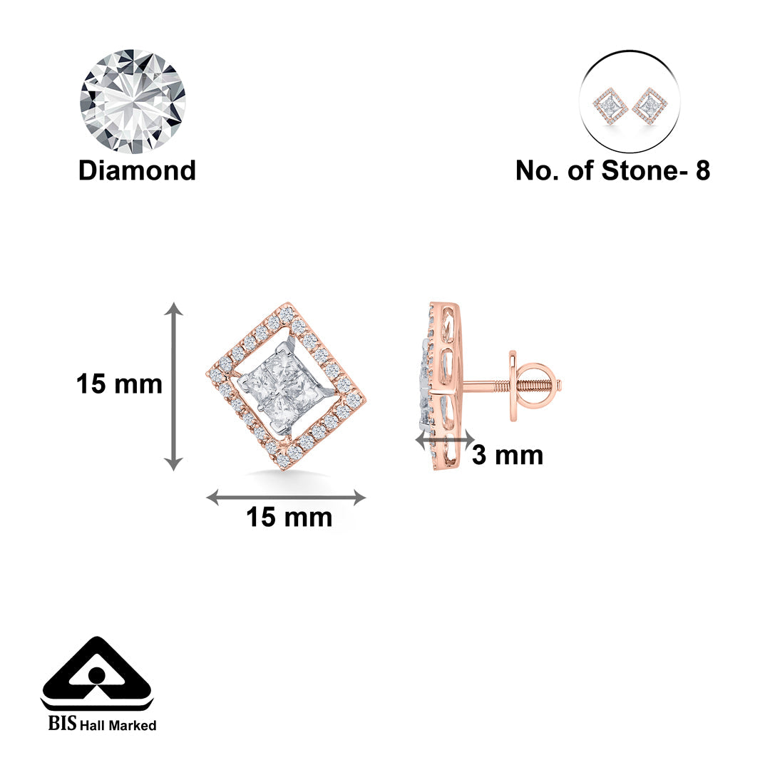 Crystal Border Diamond & Gold Stud Earrings for Women