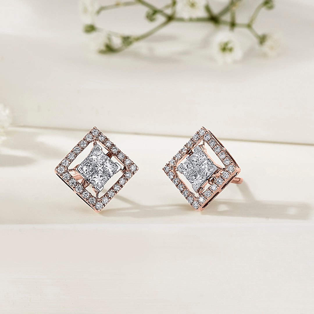 Crystal Border Diamond & Gold Stud Earrings for Women