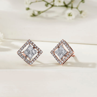Crystal Border Diamond & Gold Stud Earrings for Women