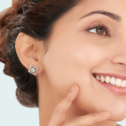 Crystal Border Diamond & Gold Stud Earrings for Women